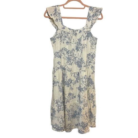 Linen coquette mini dress blue white romantic flutter sleeve small - Picture 1 of 9